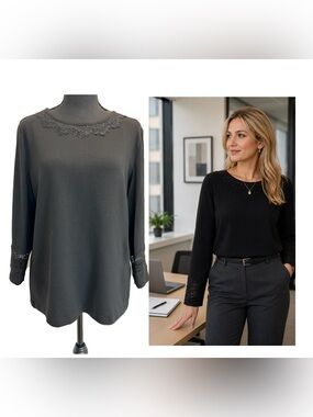 Karl Lagerfeld black long sleeve top blouse with lace detail Sz M